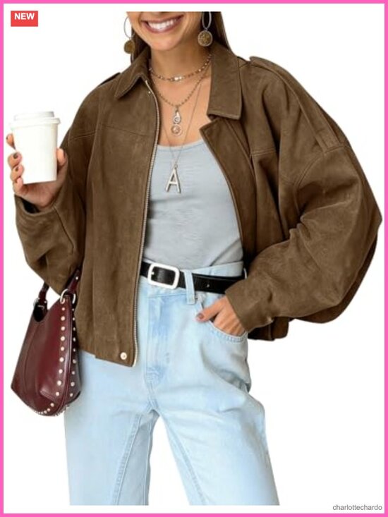 Jackets & Blazers - Faux Suede Bomber Jacket Oversized Cropped Coat Lapel Collar Batwing Sleeve Zip
